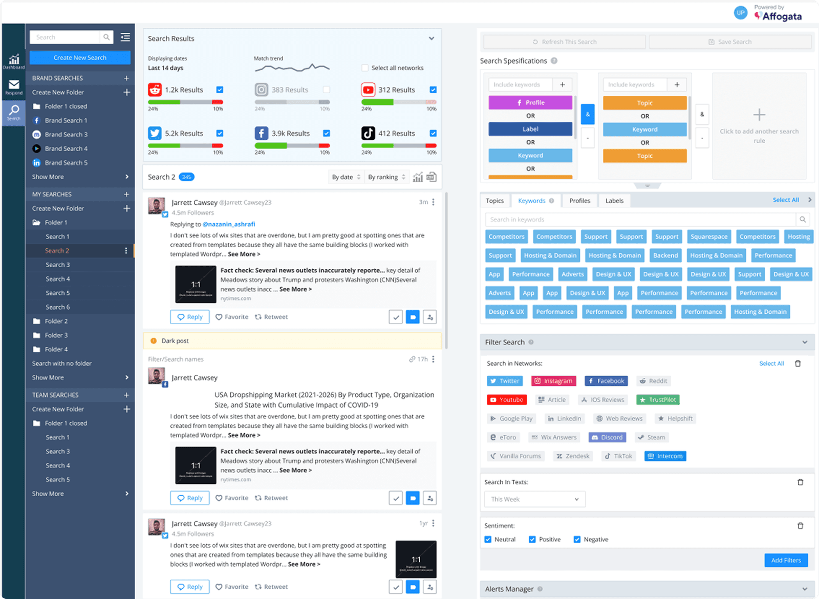Shipped Affogata dashboard feed showing live posts and sentiment