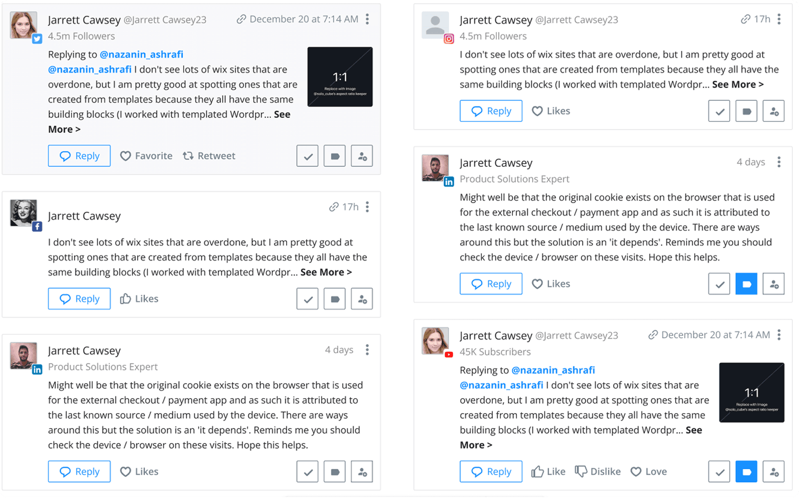 Feed posts styled to match their native Twitter, Reddit and Facebook layouts